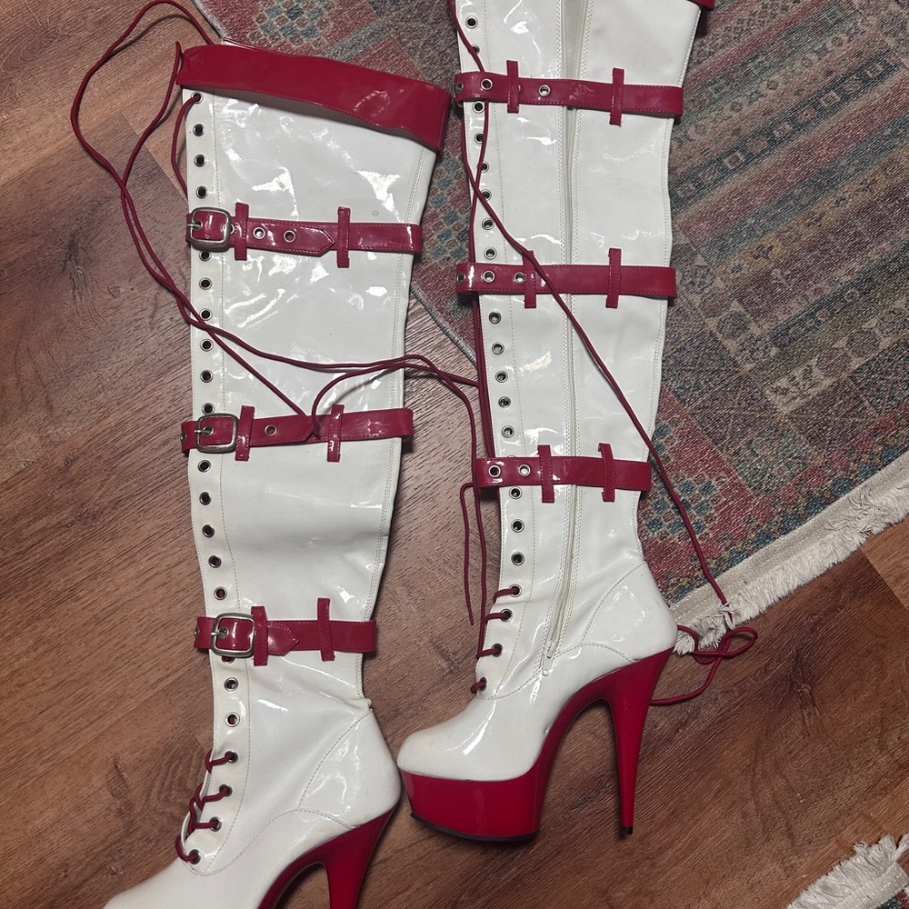 SOLD! Funtasma Red and White Over the Knee Boots with Stiletto Heel